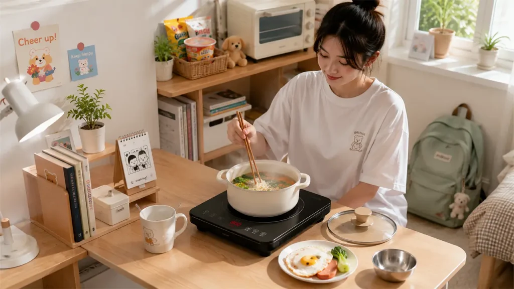 Sinh viên sử dụng bếp điện mini để nấu ăn trong phòng trọ
