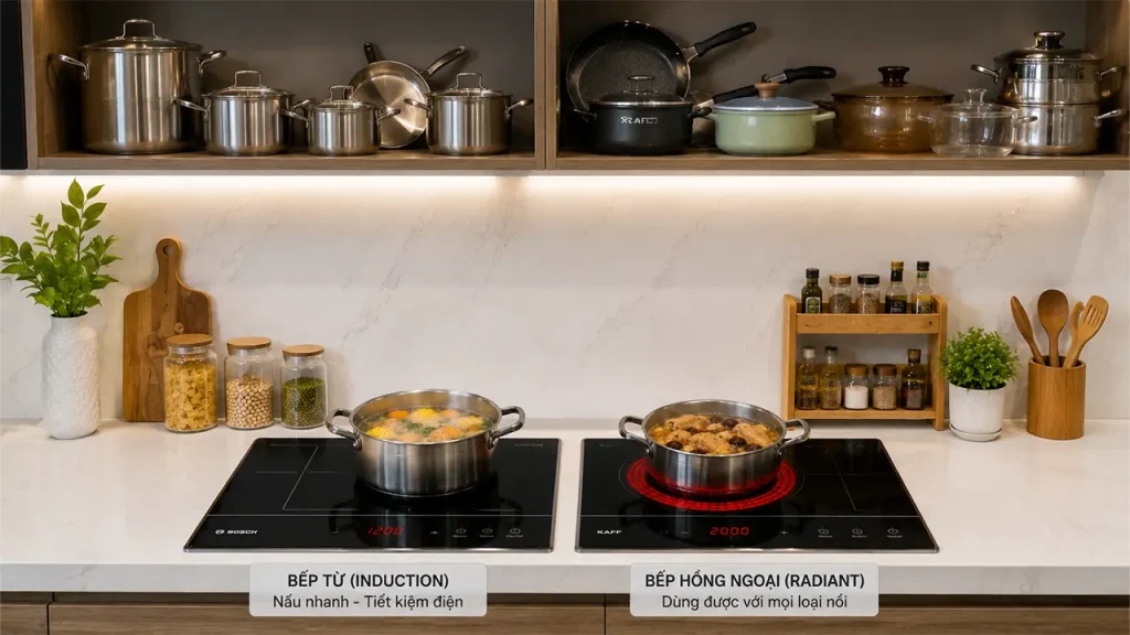 Bếp điện từ sử dụng đồng thời vùng từ và vùng hồng ngoại với hai loại nồi khác nhau