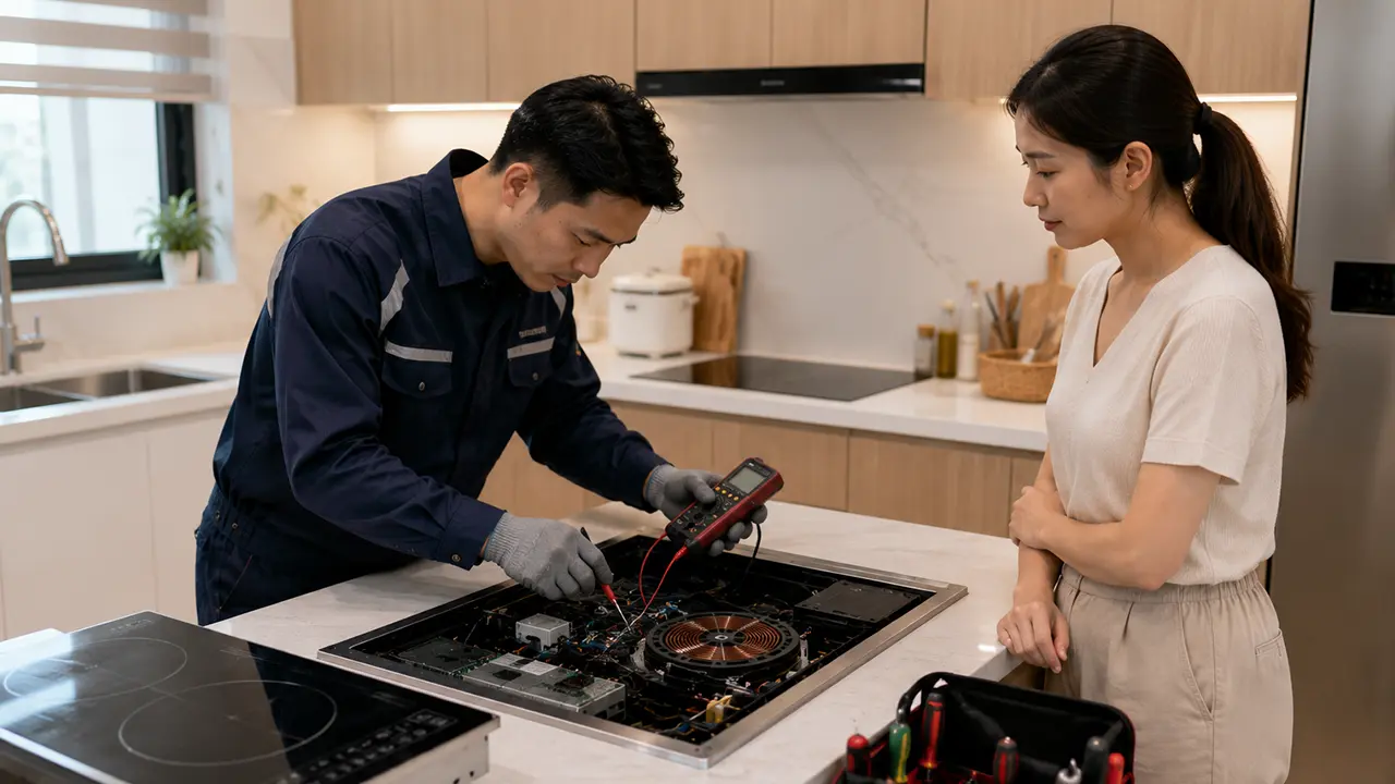 Kỹ thuật viên sửa bếp điện từ tại nhà bằng dụng cụ chuyên dụng