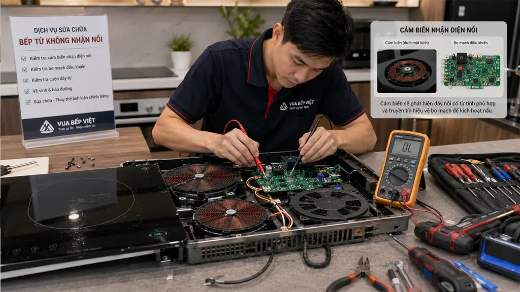 Kỹ thuật viên kiểm tra cảm biến nhận diện nồi của bếp từ