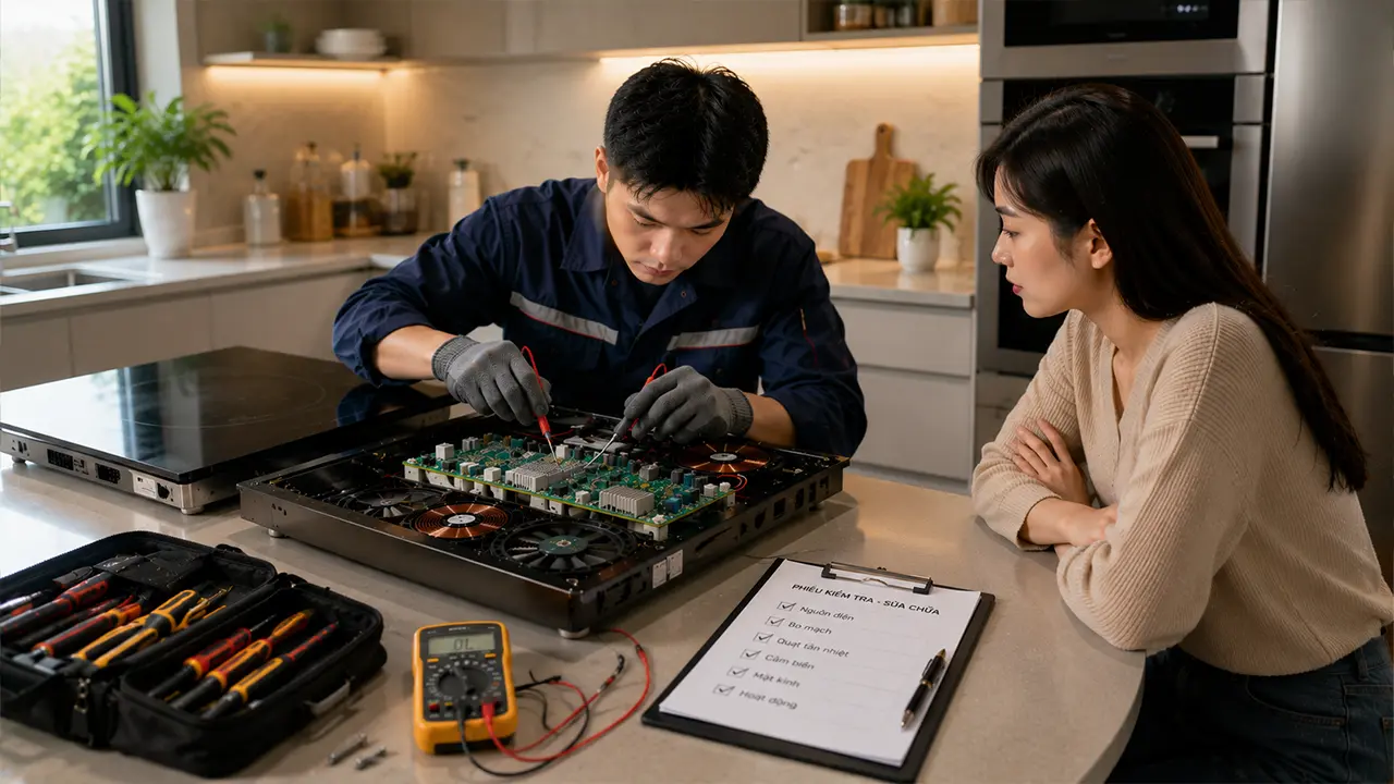 Kỹ thuật viên sửa bếp từ tại nhà với đầy đủ dụng cụ chuyên dụng
