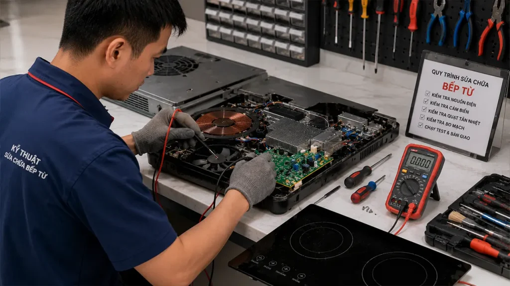 Kỹ thuật viên kiểm tra quạt tản nhiệt và bo mạch bếp từ