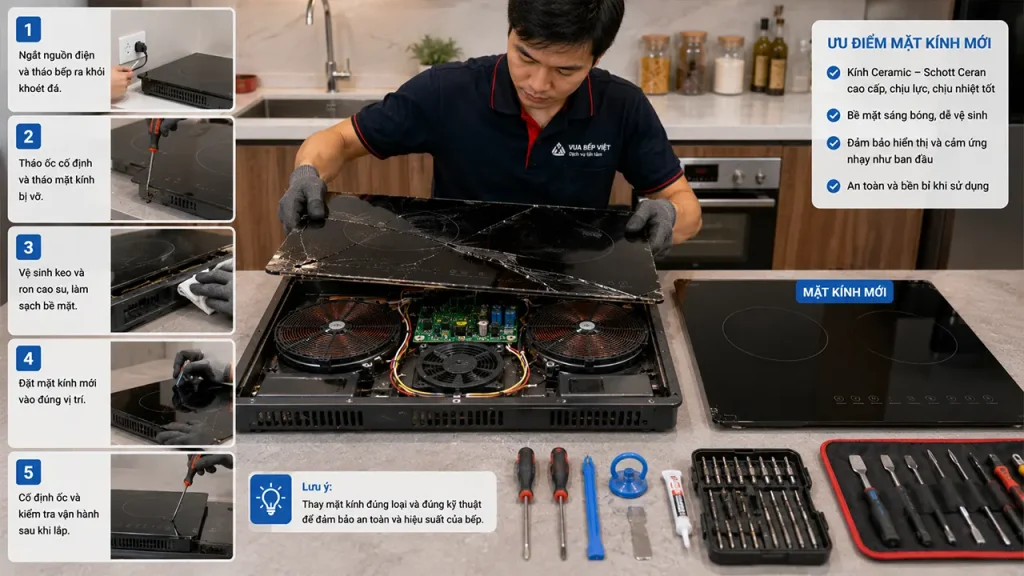 Kỹ thuật viên tháo mặt kính bếp từ để thay mới