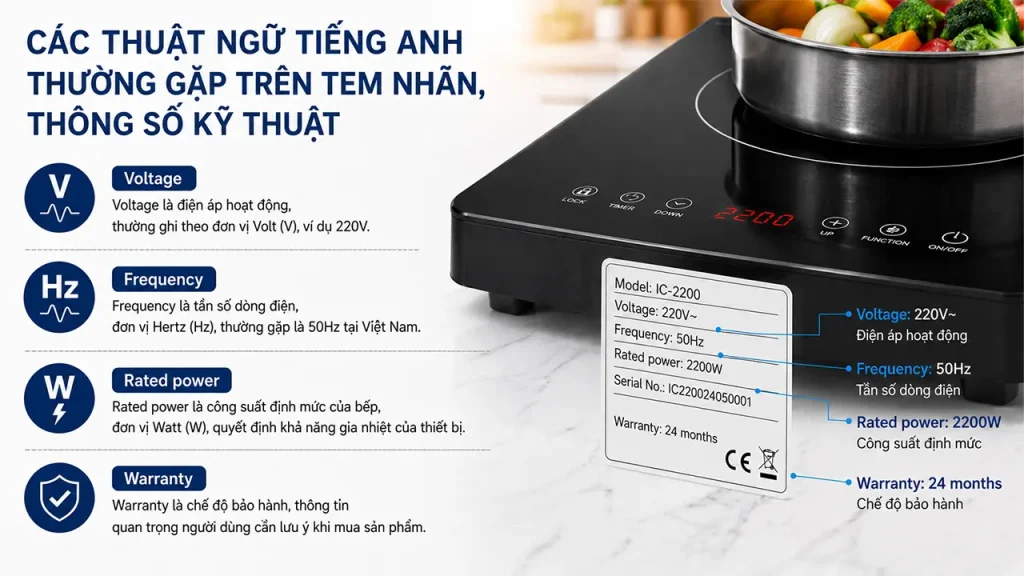Tổng hợp các thuật ngữ tiếng Anh thường gặp trên tem nhãn và thông số kỹ thuật của bếp từ như Voltage, Frequency, Rated Power và Warranty.