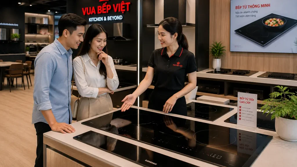 Nhân viên tư vấn giúp khách hàng lựa chọn bếp từ phù hợp với nhu cầu và ngân sách.