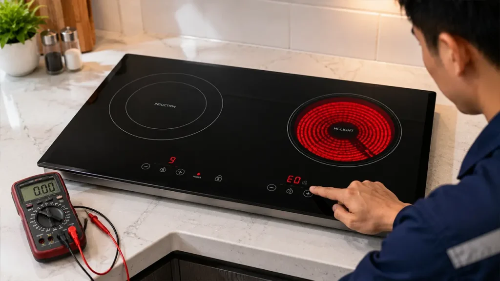 Khách hàng trao đổi với kỹ thuật viên về tình trạng hư hỏng của bếp từ