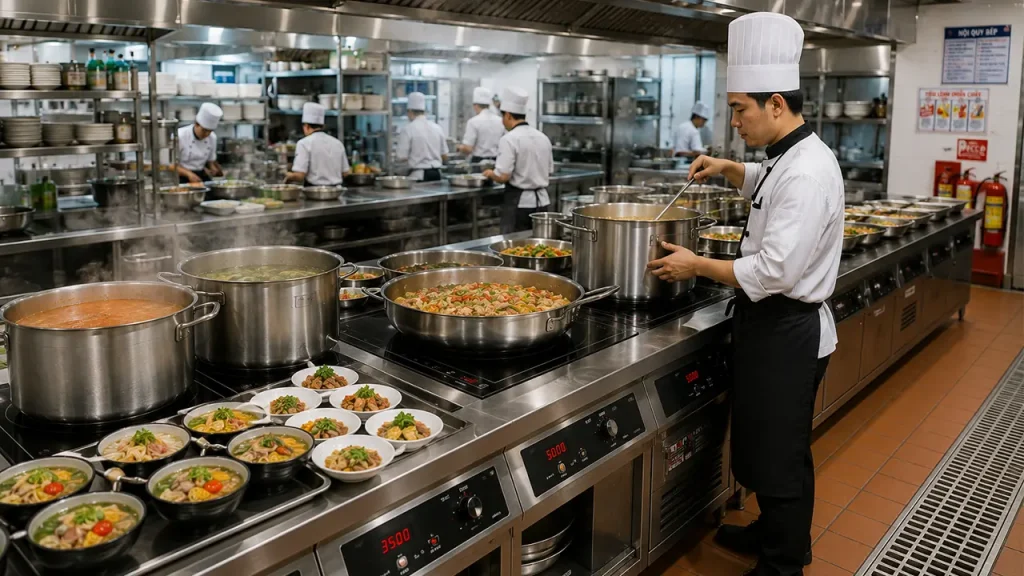 Đầu bếp sử dụng bếp từ công nghiệp để chế biến món ăn trong nhà hàng
