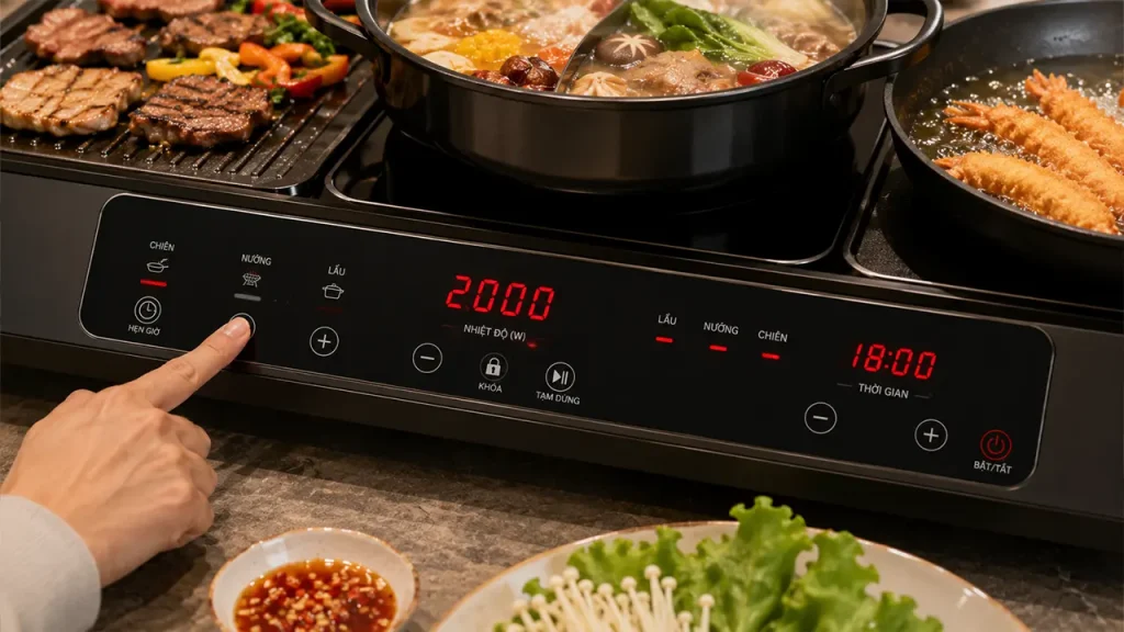 Người dùng chọn chế độ trên bảng điều khiển bếp điện đa năng