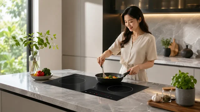 Bếp điện âm lắp chìm trên mặt bàn đá hiện đại
