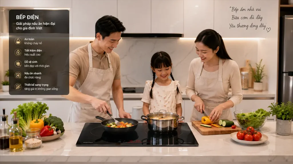 Gia đình sử dụng bếp điện trong căn bếp hiện đại