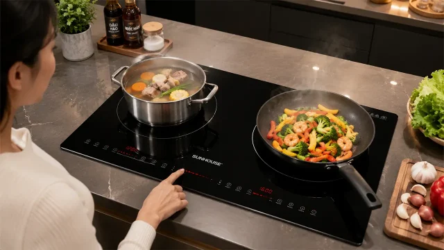 Bếp điện từ đôi với hai vùng nấu hoạt động cùng lúc