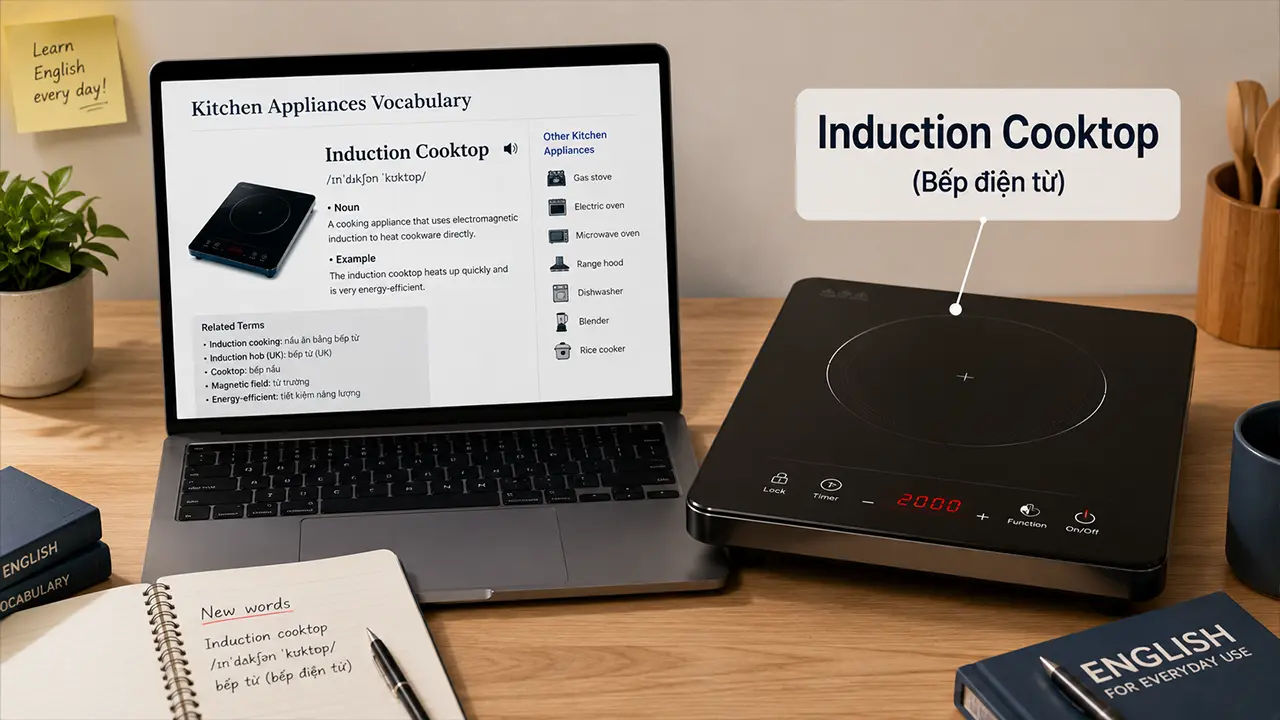 Thuật ngữ tiếng Anh của bếp điện từ là Induction Cooktop