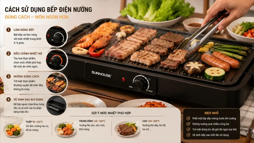 Người dùng điều chỉnh nhiệt độ khi sử dụng bếp điện nướng