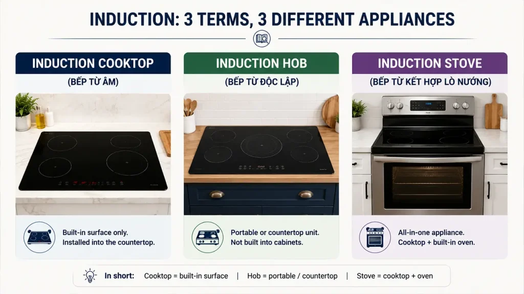 So sánh Induction Cooktop, Induction Hob và Induction Stove