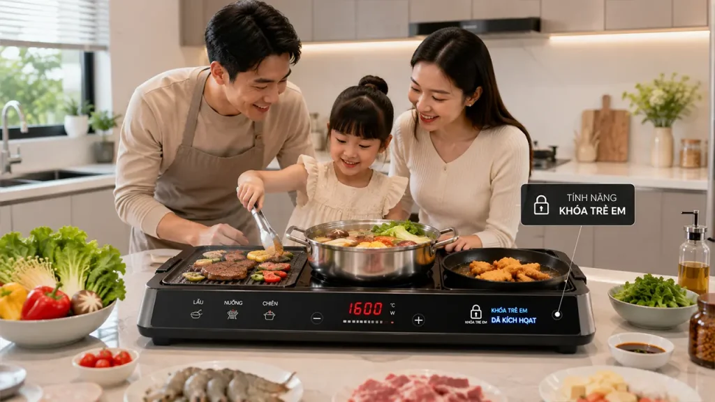 Khóa trẻ em trên bếp điện đa năng giúp sử dụng an toàn