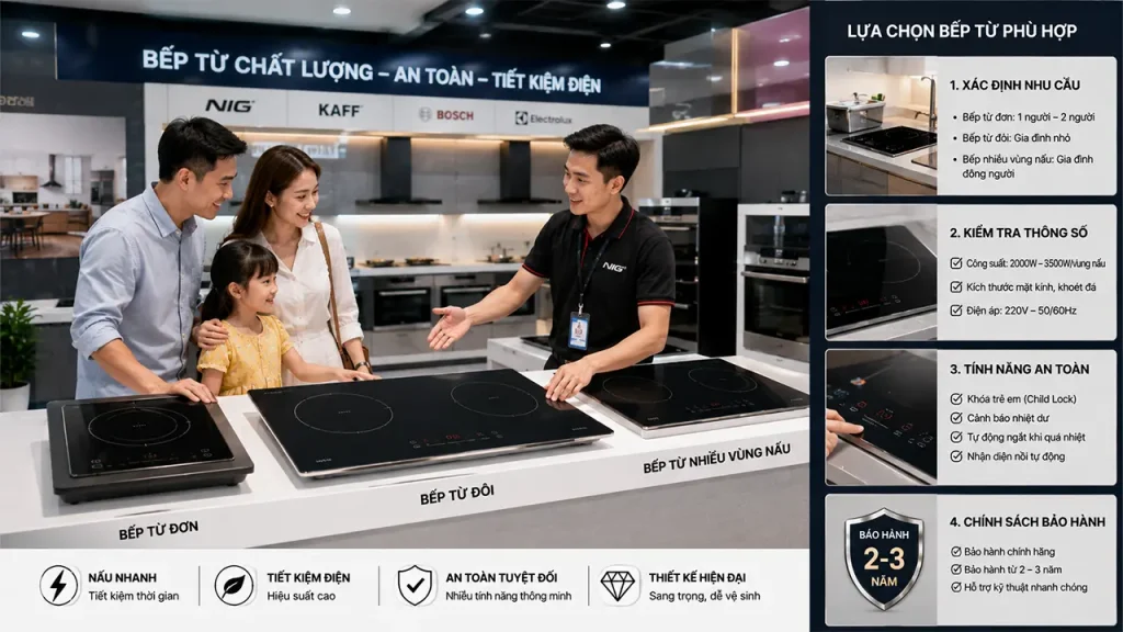 Khách hàng được tư vấn chọn bếp từ tại showroom điện máy