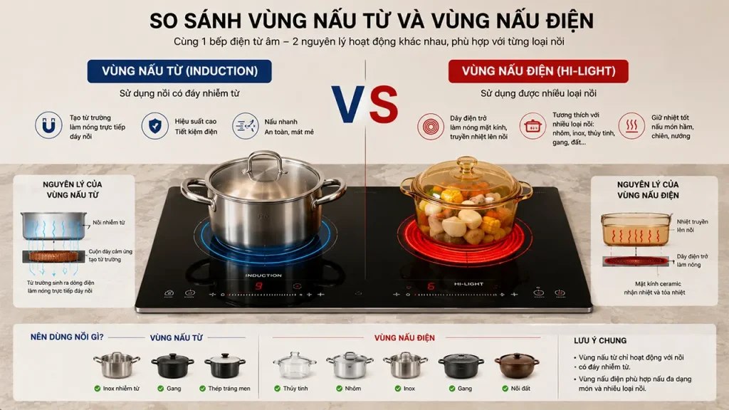 So sánh vùng nấu từ và vùng nấu điện trên bếp điện từ âm