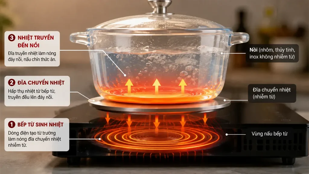 Nguyên lý hoạt động của đĩa chuyển nhiệt bếp từ