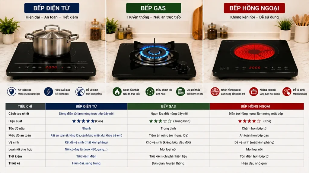 So sánh bếp điện từ, bếp gas và bếp hồng ngoại
