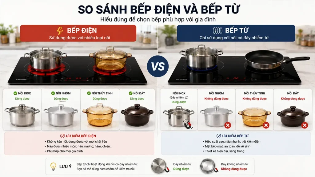 So sánh bếp điện không kén nồi và bếp từ