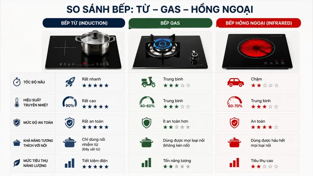 So sánh bếp từ, bếp gas và bếp hồng ngoại