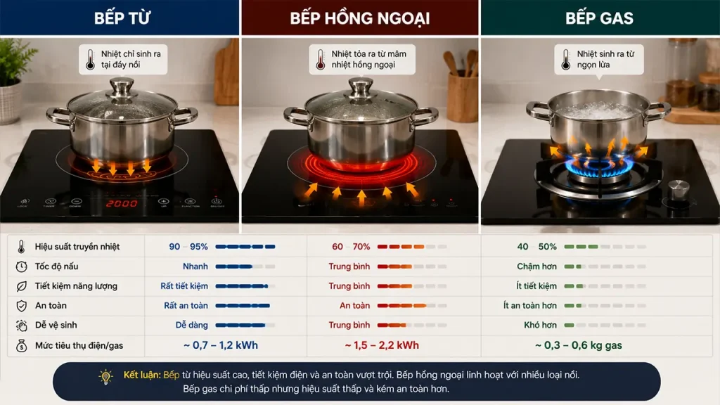 So sánh mức tiêu thụ điện và năng lượng của bếp từ, bếp gas và bếp hồng ngoại